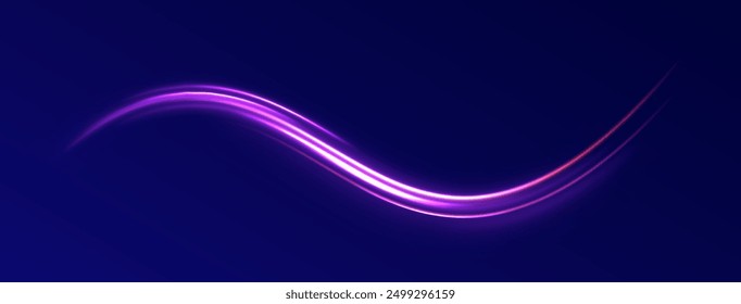 Light arc in neon colors, in the form of a turn and a zigzag. Creative vector illustration of flying cosmic meteor, planetoid, comet, fireball isolated on transparent background.