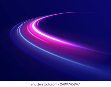 Light arc in neon colors, in the form of a turn and a zigzag. Creative vector illustration of flying cosmic meteor, planetoid, comet, fireball isolated on transparent background.