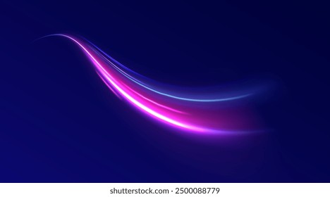 Light arc in neon colors, in the form of a turn and a zigzag. Creative vector illustration of flying cosmic meteor, planetoid, comet, fireball isolated on transparent background.