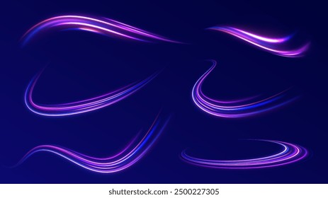 Light arc in neon colors, in the form of a turn and a zigzag. Creative vector illustration of flying cosmic meteor, planetoid, comet, fireball isolated on transparent background.