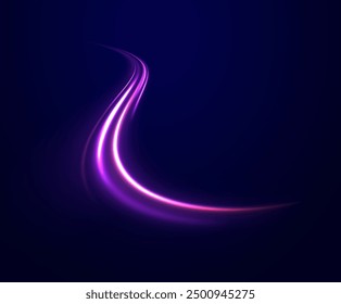 Arco de luz en colores neón, en forma de giro y zigzag. Ilustración vectorial creativa del meteoro cósmico volador, planetoide, cometa, bola de fuego aislada sobre fondo transparente.