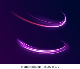 Light arc in neon colors, in the form of a turn and a zigzag. Creative vector illustration of flying cosmic meteor, planetoid, comet, fireball isolated on transparent background.