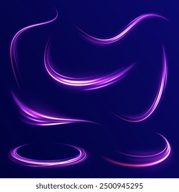 Light arc in neon colors, in the form of a turn and a zigzag. Creative vector illustration of flying cosmic meteor, planetoid, comet, fireball isolated on transparent background.