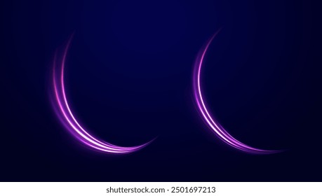Light arc in neon colors, in the form of a turn and a zigzag. Creative vector illustration of flying cosmic meteor, planetoid, comet, fireball isolated on transparent background.