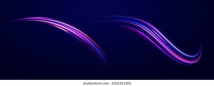 Light arc in neon colors, in the form of a turn and a zigzag. Creative vector illustration of flying cosmic meteor, planetoid, comet, fireball isolated on transparent background.