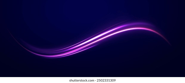 Light arc in neon colors, in the form of a turn and a zigzag. Creative vector illustration of flying cosmic meteor, planetoid, comet, fireball isolated on transparent background.