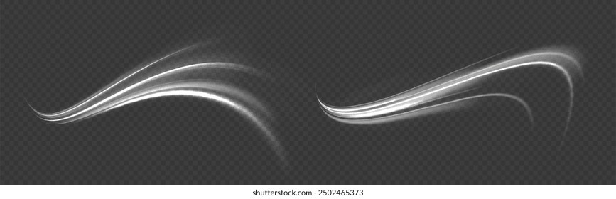Light arc in neon colors, in the form of a turn and a zigzag. Creative vector illustration of flying cosmic meteor, planetoid, comet, fireball isolated on transparent background.