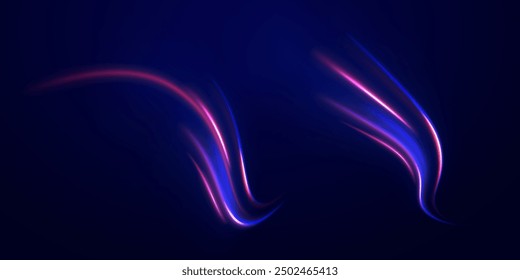 Light arc in neon colors, in the form of a turn and a zigzag. Creative vector illustration of flying cosmic meteor, planetoid, comet, fireball isolated on transparent background.