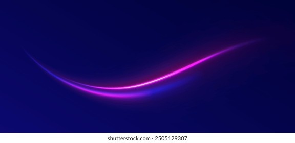 Light arc in neon colors, in the form of a turn and a zigzag. Creative vector illustration of flying cosmic meteor, planetoid, comet, fireball isolated on transparent background.