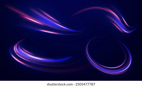 Light arc in neon colors, in the form of a turn and a zigzag. Creative vector illustration of flying cosmic meteor, planetoid, comet, fireball isolated on transparent background.