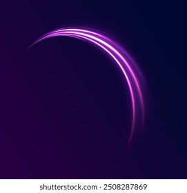 Arco de luz en colores neón, en forma de giro y zigzag. Ilustración vectorial creativa del meteoro cósmico volador, planetoide, cometa, bola de fuego aislada sobre fondo transparente.