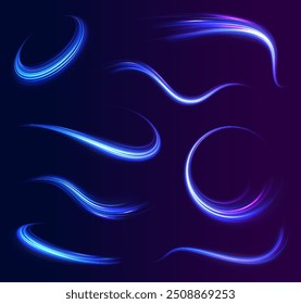 Light arc in neon colors, in the form of a turn and a zigzag. Creative vector illustration of flying cosmic meteor, planetoid, comet, fireball isolated on transparent background.