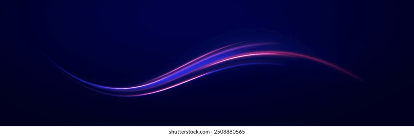 Arco de luz en colores neón, en forma de giro y zigzag. Ilustración vectorial creativa del meteoro cósmico volador, planetoide, cometa, bola de fuego aislada sobre fondo transparente.