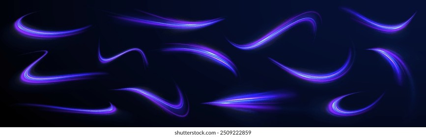 Light arc in neon colors, in the form of a turn and a zigzag. Creative vector illustration of flying cosmic meteor, planetoid, comet, fireball isolated on transparent background.