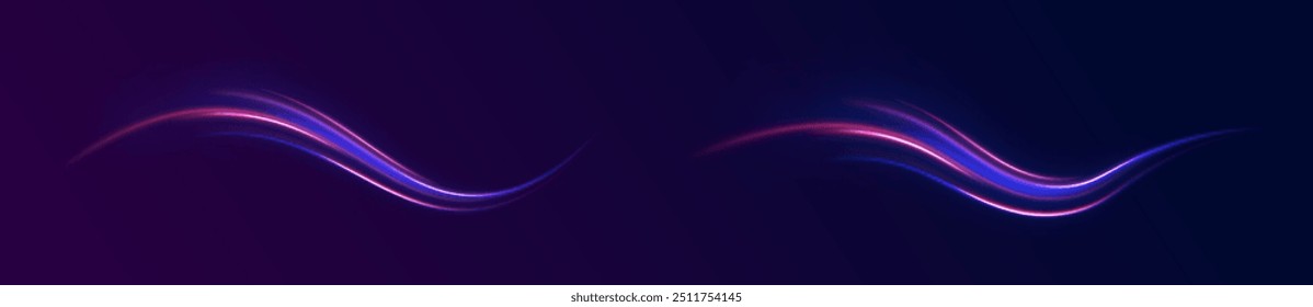 Arco de luz en colores neón, en forma de giro y zigzag. Ilustración vectorial creativa del meteoro cósmico volador, planetoide, cometa, bola de fuego aislada sobre fondo transparente.