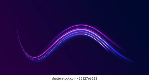 Arco de luz en colores neón, en forma de giro y zigzag. Ilustración vectorial creativa del meteoro cósmico volador, planetoide, cometa, bola de fuego aislada sobre fondo transparente.