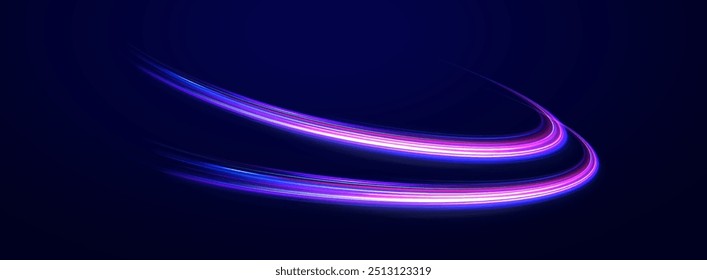 Arco claro em cores neon, na forma de uma curva e um ziguezague. Ilustração vetorial criativa de meteoro cósmico voador, planetoide, cometa, bola de fogo isolada em fundo transparente.