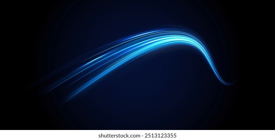 Light arc in neon colors, in the form of a turn and a zigzag. Creative vector illustration of flying cosmic meteor, planetoid, comet, fireball isolated on transparent background.