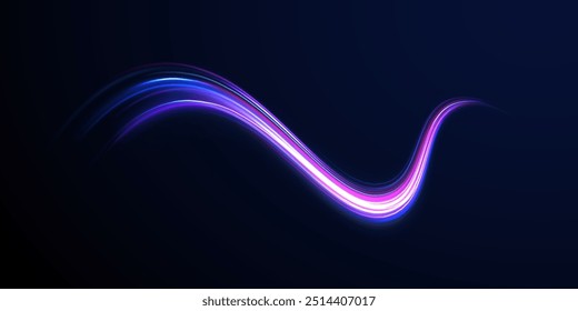 Light arc in neon colors, in the form of a turn and a zigzag. Creative vector illustration of flying cosmic meteor, planetoid, comet, fireball isolated on transparent background.