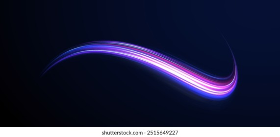 Arco de luz en colores neón, en forma de giro y zigzag. Ilustración vectorial creativa del meteoro cósmico volador, planetoide, cometa, bola de fuego aislada sobre fondo transparente.