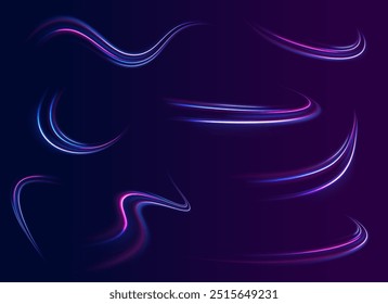 Light arc in neon colors, in the form of a turn and a zigzag. Creative vector illustration of flying cosmic meteor, planetoid, comet, fireball isolated on transparent background.