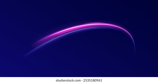 Light arc in neon colors, in the form of a turn and a zigzag. Creative vector illustration of flying cosmic meteor, planetoid, comet, fireball isolated on transparent background.