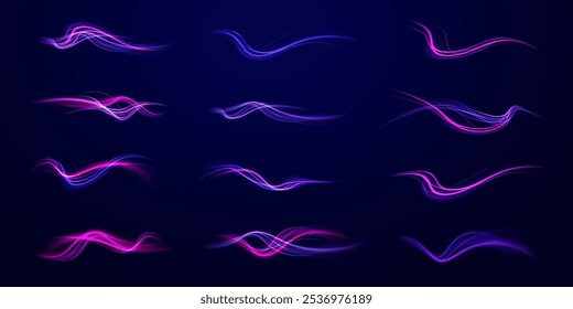 Arco claro em cores neon, na forma de uma curva e um ziguezague. Ilustração vetorial criativa de meteoro cósmico voador, planetoide, cometa, bola de fogo isolada em fundo transparente.