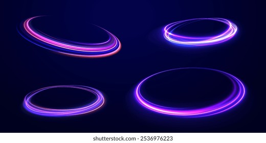Arco de luz en colores neón, en forma de giro y zigzag. Ilustración vectorial creativa del meteoro cósmico volador, planetoide, cometa, bola de fuego aislada sobre fondo transparente.