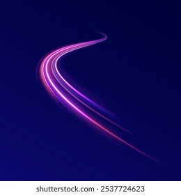 Light arc in neon colors, in the form of a turn and a zigzag. Creative vector illustration of flying cosmic meteor, planetoid, comet, fireball isolated on transparent background.
