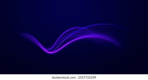 Lichtbogen in Neonfarben, in Form einer Windung und eines Zickzacks. Kreative Vektorgrafik von fliegendem kosmischem Meteor, Planetoid, Komet, Feuerball einzeln auf transparentem Hintergrund.