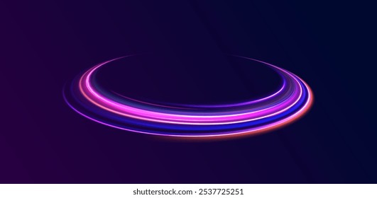 Arco claro em cores neon, na forma de uma curva e um ziguezague. Ilustração vetorial criativa de meteoro cósmico voador, planetoide, cometa, bola de fogo isolada em fundo transparente.