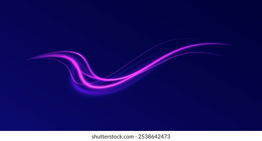Light arc in neon colors, in the form of a turn and a zigzag. Creative vector illustration of flying cosmic meteor, planetoid, comet, fireball isolated on transparent background.
