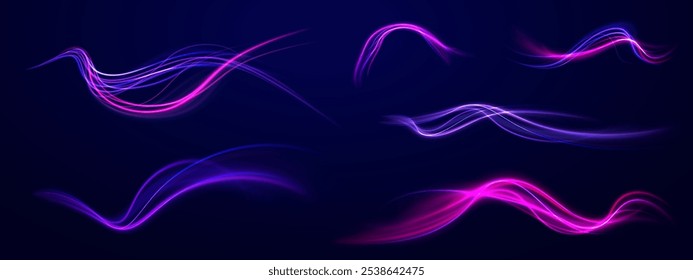 Light arc in neon colors, in the form of a turn and a zigzag. Creative vector illustration of flying cosmic meteor, planetoid, comet, fireball isolated on transparent background.