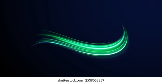 Arco claro em cores neon, na forma de uma curva e um ziguezague. Ilustração vetorial criativa de meteoro cósmico voador, planetoide, cometa, bola de fogo isolada em fundo transparente.