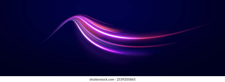 Light arc in neon colors, in the form of a turn and a zigzag. Creative vector illustration of flying cosmic meteor, planetoid, comet, fireball isolated on transparent background.