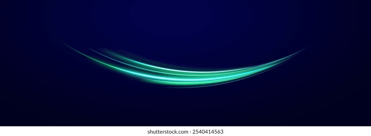 Arco claro em cores neon, na forma de uma curva e um ziguezague. Ilustração vetorial criativa de meteoro cósmico voador, planetoide, cometa, bola de fogo isolada em fundo transparente.