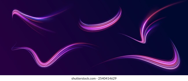 Arco de luz en colores neón, en forma de giro y zigzag. Ilustración vectorial creativa del meteoro cósmico volador, planetoide, cometa, bola de fuego aislada sobre fondo transparente.