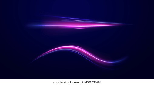 Light arc in neon colors, in the form of a turn and a zigzag. Creative vector illustration of flying cosmic meteor, planetoid, comet, fireball isolated on transparent background.