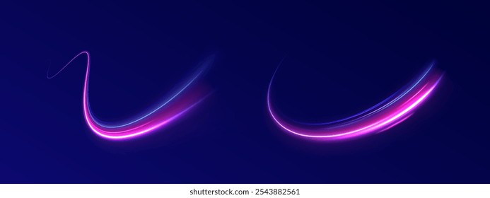Arco de luz en colores neón, en forma de giro y zigzag. Ilustración vectorial creativa del meteoro cósmico volador, planetoide, cometa, bola de fuego aislada sobre fondo transparente.