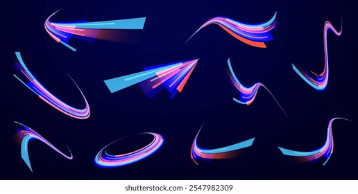 Light arc in neon colors, in the form of a turn and a zigzag. Creative vector illustration of flying cosmic meteor, planetoid, comet, fireball isolated on transparent background.