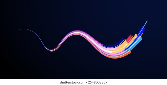 Arco de luz en colores neón, en forma de giro y zigzag. Ilustración vectorial creativa del meteoro cósmico volador, planetoide, cometa, bola de fuego aislada sobre fondo transparente.