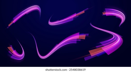 Light arc in neon colors, in the form of a turn and a zigzag. Creative vector illustration of flying cosmic meteor, planetoid, comet, fireball isolated on transparent background.