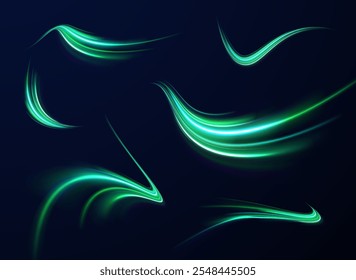 Arco de luz en colores neón, en forma de giro y zigzag. Ilustración vectorial creativa del meteoro cósmico volador, planetoide, cometa, bola de fuego aislada sobre fondo transparente.