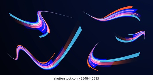 Light arc in neon colors, in the form of a turn and a zigzag. Creative vector illustration of flying cosmic meteor, planetoid, comet, fireball isolated on transparent background.