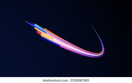 Light arc in neon colors, in the form of a turn and a zigzag. Creative vector illustration of flying cosmic meteor, planetoid, comet, fireball isolated on transparent background.