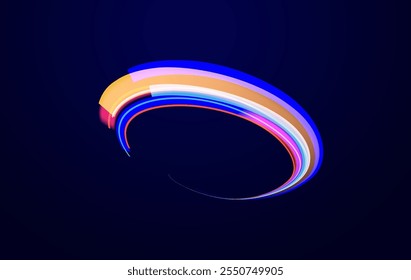Light arc in neon colors, in the form of a turn and a zigzag. Creative vector illustration of flying cosmic meteor, planetoid, comet, fireball isolated on transparent background.