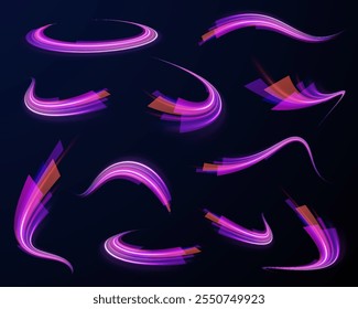 Light arc in neon colors, in the form of a turn and a zigzag. Creative vector illustration of flying cosmic meteor, planetoid, comet, fireball isolated on transparent background.