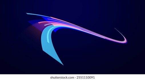 Light arc in neon colors, in the form of a turn and a zigzag. Creative vector illustration of flying cosmic meteor, planetoid, comet, fireball isolated on transparent background.