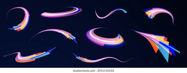 Light arc in neon colors, in the form of a turn and a zigzag. Creative vector illustration of flying cosmic meteor, planetoid, comet, fireball isolated on transparent background.