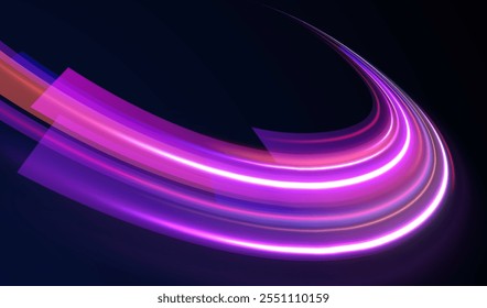 Light arc in neon colors, in the form of a turn and a zigzag. Creative vector illustration of flying cosmic meteor, planetoid, comet, fireball isolated on transparent background.